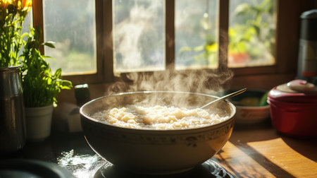 A hot bowl of rice porridge served in a cozy kitchen, with sunlight streaming through the window, creating a warm and inviting atmosphere for a homestyle breakfast.の素材