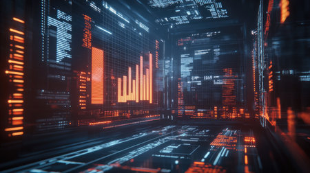 A futuristic 3D financial chart with glowing bar graphs and data points, set against a high-tech background, representing business growth and investment strategiesの素材