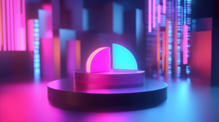 A futuristic 3D pie chart with glowing segments, rotating slowly above a virtual platform, representing advanced data analysis in a high-tech business environment.の素材