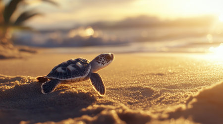 A heartwarming image of a baby sea turtle making its first journey from its nest to the ocean, with soft sand and gentle waves in the background, symbolizing new beginningsの素材