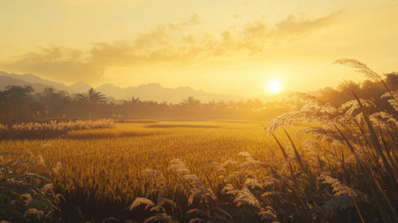 A peaceful sunrise over a rice field, with golden paddy rice swaying in the breeze, showcasing the start of a new day in the life of a Thai rice farmer.の素材