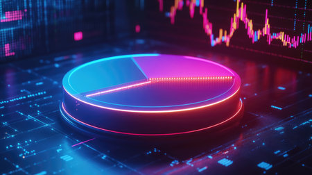 A futuristic 3D pie chart with glowing neon segments, rotating in mid-air against a dark background filled with data points and graphs, representing financial analytics.の素材