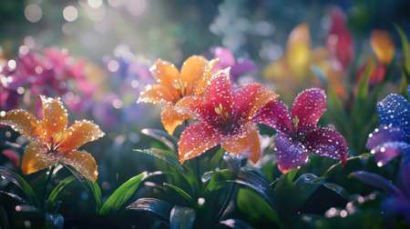 A serene garden scene featuring a cluster of colorful flowers adorned with dew drops, capturing the beauty of nature in the early morning light, with a gentle bokeh effect in the background.の素材