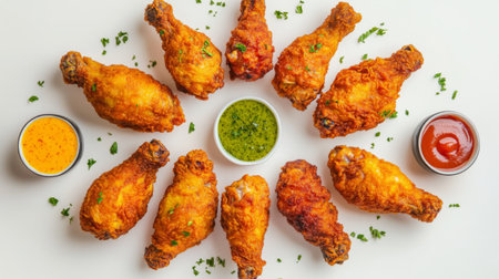 A delicious arrangement of crispy fried chicken drumsticks placed around vibrant dipping sauces. Perfect for parties or gatherings, this dish delights food lovers with its savory taste.の素材