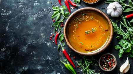 A vibrant bowl of spicy soup surrounded by fresh herbs and vegetables, highlighting the rich colors and textures of the culinary ingredients ideal for appetizing dishes.の素材