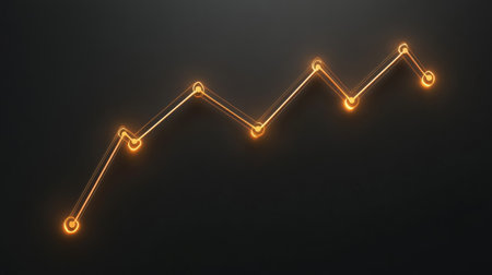 This glowing line chart illustrates a steady growth trend with bright points of light, perfect for business presentations and data analysis visuals.の素材