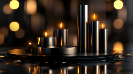 A captivating arrangement of sleek metallic candle holders featuring warm flames. This elegant display enhances any setting with its modern and tranquil ambiance.の素材