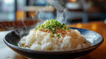 A close-up view of steaming white rice topped with green onions and sesame seeds, showcasing warmth and appetizing textures in a stylish bowl. Perfect for culinary presentations.の素材
