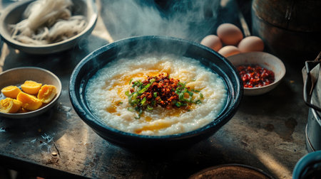 A steamy, comforting bowl of rice porridge on a cold, misty morning, with side dishes of salted eggs, pickled radish, and spicy chili paste completing the scene.の素材