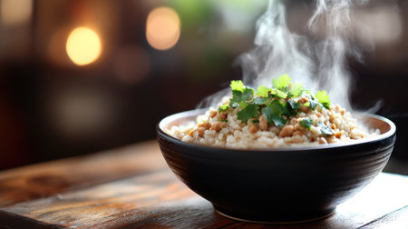 A steaming bowl of rice porridge with minced pork and garnished with fresh cilantro, served on a wooden table, capturing the warmth and comfort of a traditional meal.の素材