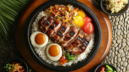 A visually appealing sizzling hot plate showcasing grilled meat served with rice, colorful vegetables, and eggs. Perfect for food lovers seeking vibrant culinary experiences.の素材