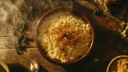 A bowl of freshly cooked rice garnished with spices and herbs. The rustic wooden table adds warmth to this delicious meal, perfect for any occasion.の素材