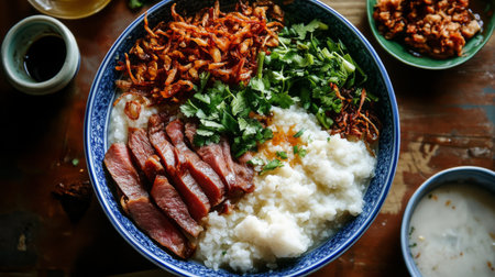 A vibrant rice bowl featuring tender meat slices, fresh herbs, and crispy toppings, perfect for a nutritious meal. A delightful harmony of textures and flavors.の素材