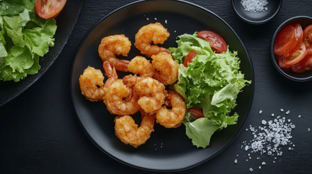 Enjoy a delicious plate of crispy fried shrimp paired with fresh greens and juicy tomatoes, perfect for a light meal or appetizer option.の素材