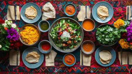 This stunning table setting features a vibrant array of colorful dishes, fresh ingredients, and aromatic herbs, inviting everyone to enjoy a delightful dining experience.の素材