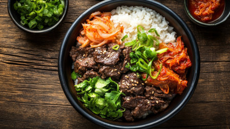 A vibrant bowl featuring marinated beef, fluffy rice, and colorful vegetables, perfect for showcasing Korean cuisine. Fresh ingredients create a delicious meal.の素材