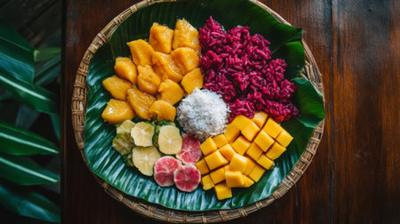 A vibrant and colorful platter showcasing tropical fruits including mango, papaya, and watermelon served with sticky rice and coconut. Perfect for any occasion.の素材
