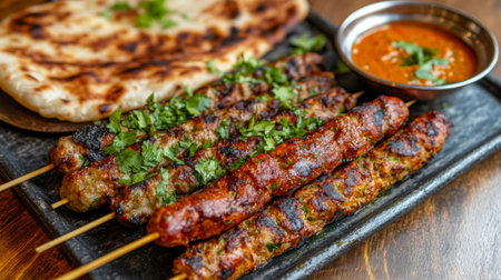 An appetizing array of grilled skewers served with naan and tangy sauce, showcasing vibrant herbs. Perfect for food lovers celebrating flavorful cuisine.の素材