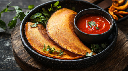 Enjoy a plate of crispy dosa served with spicy red chutney and fresh coriander. This traditional Indian dish is perfect for any meal, offering vibrant flavors and delicious textures.の素材