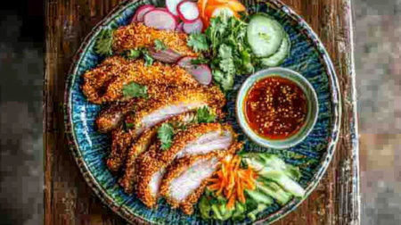 Indulge in this beautifully plated crispy chicken, enhanced with fresh vegetables and a savory sauce, perfect for any meal occasion.の素材