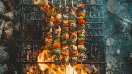 Enjoy a vibrant array of grilled meat and vegetable skewers sizzling over an open flame, perfect for outdoor gatherings or summer picnics.の素材