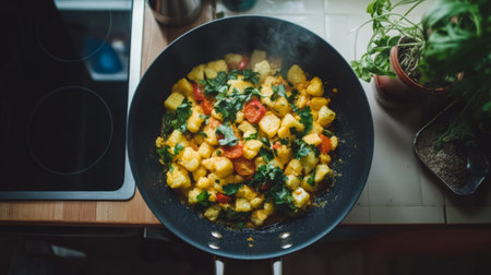 A vibrant vegetable dish cooking in a modern kitchen pan, showcasing colorful ingredients like potatoes and greens, creating a delicious and healthy meal.の素材