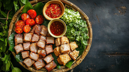 A vibrant display of traditional Vietnamese cuisine featuring fresh ingredients, tomatoes, herbs, and rich sauces in a woven basket, perfect for culinary exploration.の素材