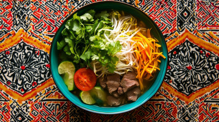 A vibrant bowl of Vietnamese noodle soup featuring fresh herbs, colorful vegetables, and savory broth, perfect for a hearty meal. Enjoy the rich flavors!の素材