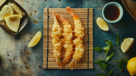 Indulge in this delightful dish of crispy fried shrimp, complemented by fresh lemon slices. Perfect for photography or culinary inspiration.の素材
