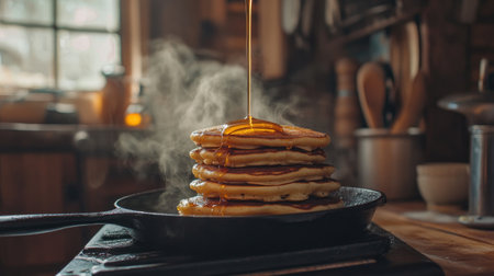 A rustic kitchen with a cast-iron skillet sizzling with freshly cooked pancakes, golden and fluffy, as syrup drips down, creating an inviting breakfast scene.の素材