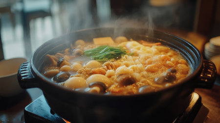 A traditional Japanese hotpot (nabe) bubbling with fresh ingredients like mushrooms, tofu, and vegetables, with steam rising from the pot in a warm, inviting setting.の素材