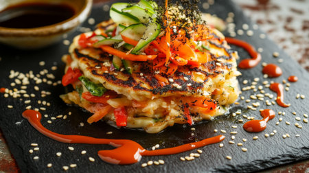 A vibrant vegetable pancake stacked high with fresh ingredients, drizzled with sauces, and garnished with herbs, showcasing delightful culinary artistry.の素材