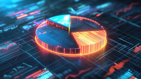 A stylized 3D pie chart with metallic segments, each segment illuminated by neon lights, set against a high-tech background with data grids and financial metrics displayed.の素材