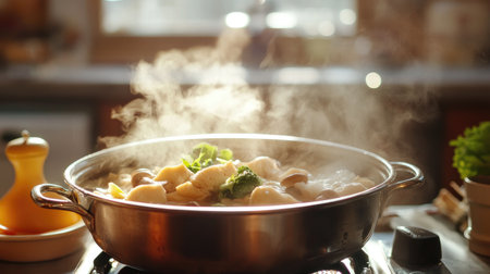 A traditional Japanese hotpot (nabe) bubbling with fresh ingredients like mushrooms, tofu, and vegetables, with steam rising from the pot in a warm, inviting setting.の素材