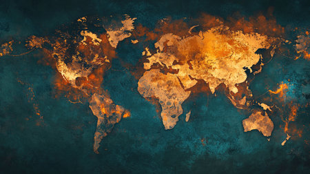 A visually compelling graphic of a world map with highlighted areas affected by climate change, including droughts, floods, and wildfires, raising awareness about global warming's global impact.の素材