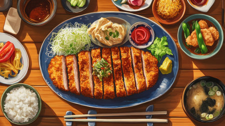 An artistic overhead view of a tonkatsu meal, featuring the cutlet alongside a colorful array of side dishes like rice, miso soup, and pickled vegetables on a wooden table.の素材