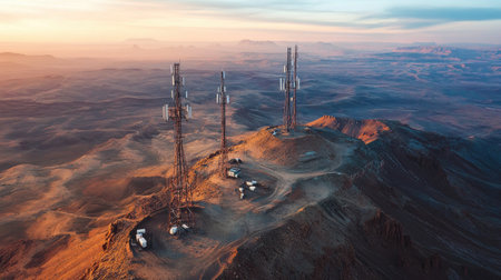 An aerial view of a remote landscape dotted with multiple cell phone towers, illustrating how connectivity extends even to the most isolated areas, ensuring communication access.の素材