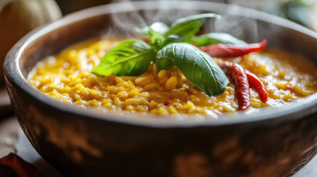 An enticing close-up of a steaming bowl of yellow curry rice topped with fresh basil and red chili, highlighting the rich colors and textures of the dishの素材