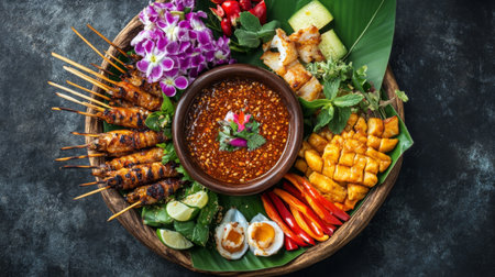 Discover an exquisite array of Thai cuisine featuring grilled meats, aromatic herbs, and a variety of fresh ingredients, artfully arranged on a rustic platter.の素材