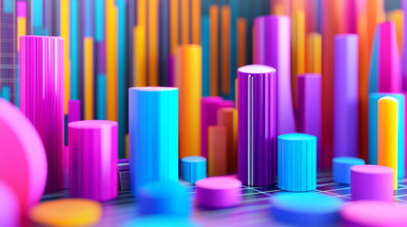 Vivid geometric shapes in 3D create an eye-catching representation of data visualization. This colorful composition embodies creativity and modern technology, perfect for conveying growth and analysis themes.の素材