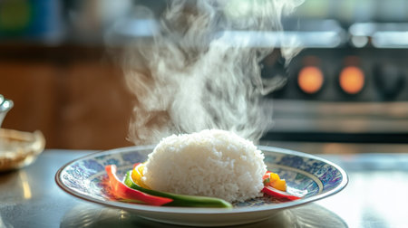 A beautifully plated serving of steaming white rice accompanied by vibrant bell peppers, showcasing a delicious and healthy meal option in a warm kitchen setting.の素材