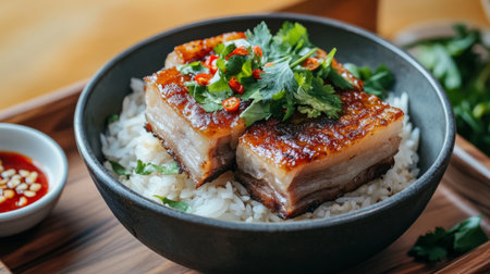 Enjoy a savory bowl of crispy pork belly served on a bed of steamed rice, garnished with fresh herbs and chili, perfect for a delicious meal.の素材