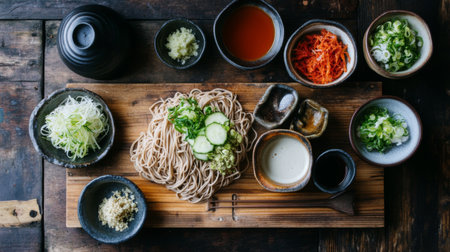 Enjoy a beautifully arranged soba noodle dish featuring fresh ingredients, vibrant toppings, and flavorful sauces, perfect for a healthy meal experience.の素材