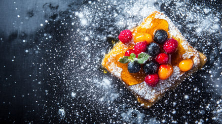 A stunning gourmet French toast topped with a mix of fresh berries and a dusting of powdered sugar, creating a delightful breakfast or brunch treat.の素材