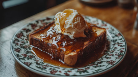 A mouthwatering dessert featuring toasted bread topped with creamy ice cream and drizzled with rich caramel sauce, perfect for indulgent moments.の素材