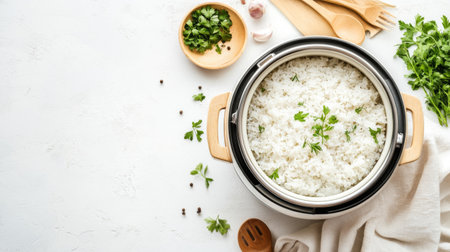 A vibrant top view of freshly cooked white rice garnished with parsley, surrounded by fresh herbs and kitchen utensils, showcasing a clean and modern cooking environment.の素材
