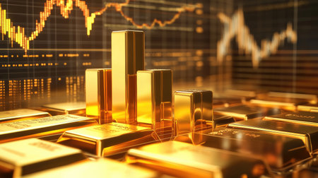 A captivating scene featuring gleaming gold bars alongside financial graphs, symbolizing wealth, investment, and economic dynamics in a vibrant stock market setting.の素材