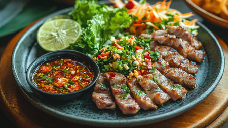 This image features a vibrant platter of grilled meat served with fresh vegetables, a slice of lime, and a spicy dipping sauce, perfect for culinary enthusiasts.の素材