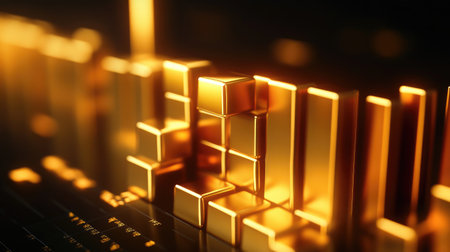 Stunning visual of golden bars symbolizing financial growth and market trends, set against a dark backdrop to emphasize elegance and sophistication in the investment world.の素材