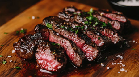 A beautifully plated grilled steak showcasing succulent slices with fresh herbs and sea salt, ideal for capturing the essence of gourmet culinary delights.の素材